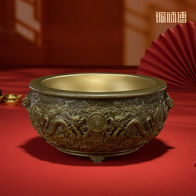 铜师傅《祥龙聚宝盆》客厅桌面铜摆件 家居装饰工艺品