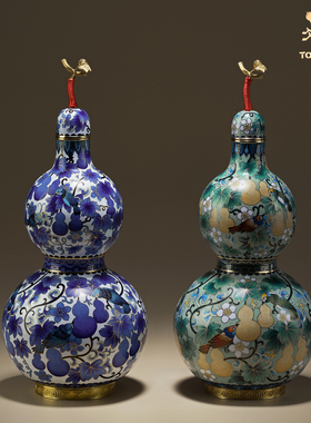铜师傅《平安福禄》《福禄双全》客厅紫铜景泰蓝葫芦摆件 工艺品