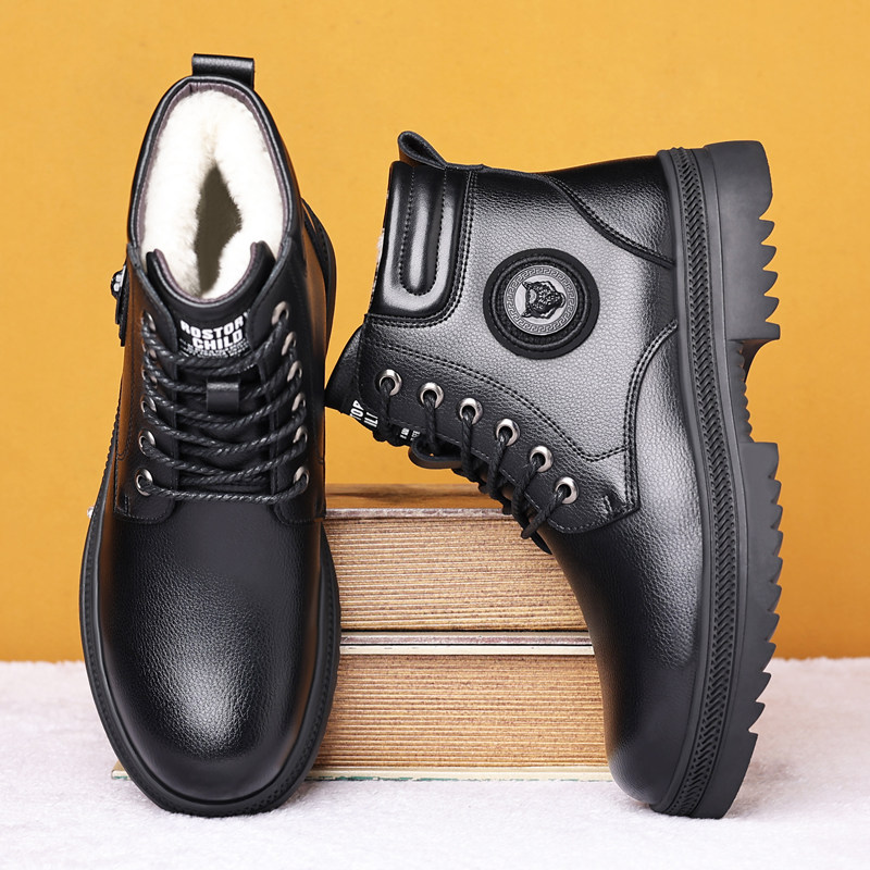 MARTIN BOOTS MENS HIGH-TOP LEATHER SHOES LEATHER WOOL WINTER WATERPROOF SNOW BOOTS NORTHEAST LARGE COTTON SHOES VELVET WARM AND THICKENED