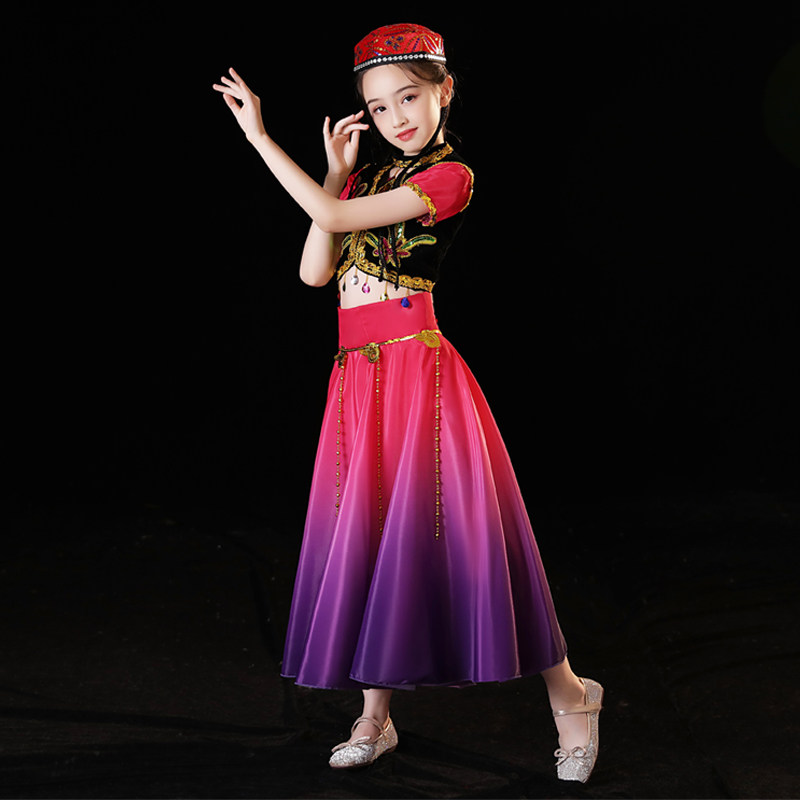 2023新款少数民族儿童舞蹈演出服新疆大摆裙维族女童舞台表演服装