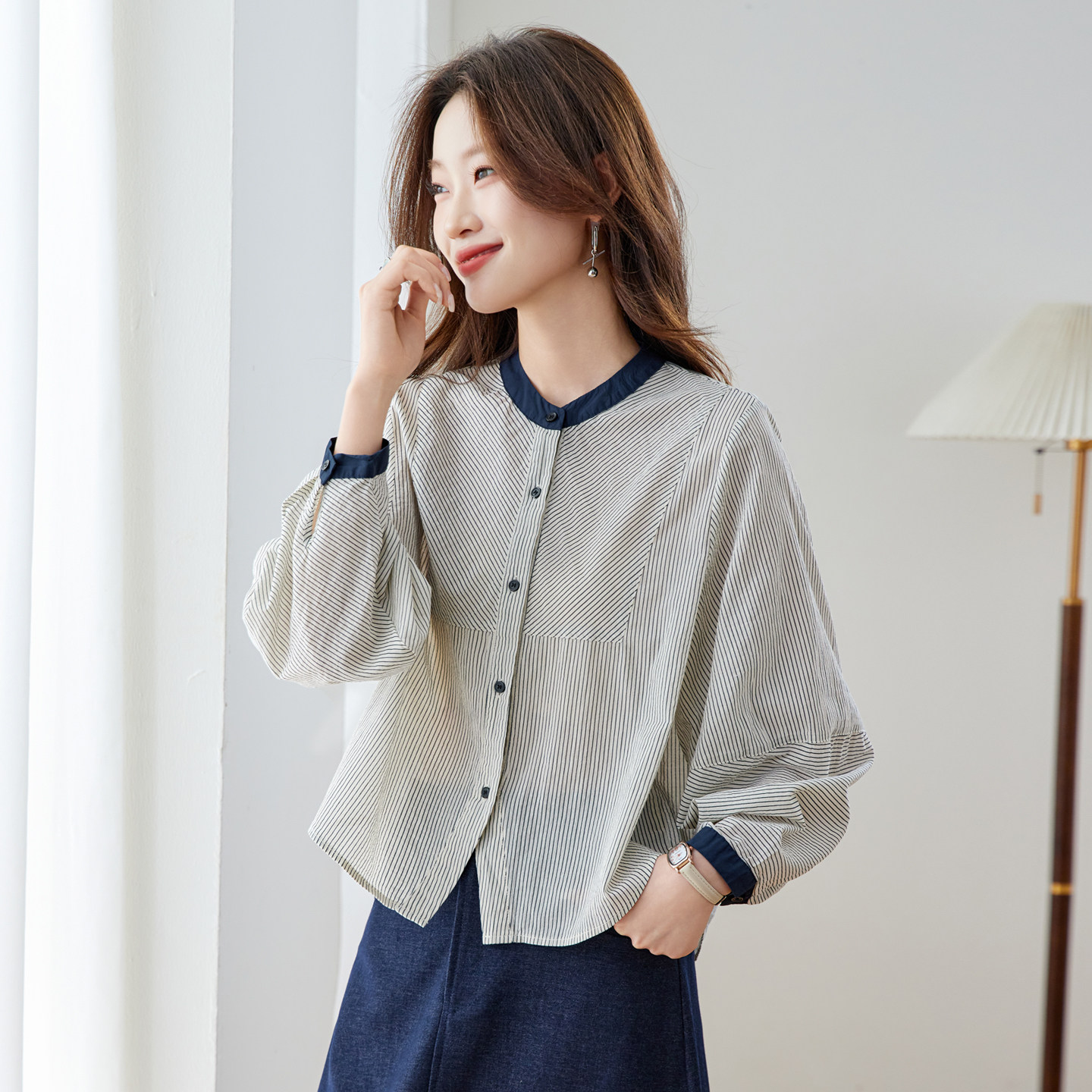 法式条纹长袖衬衫女春装撞色高级感轻奢洋气减龄超火穿搭纯棉衬衣