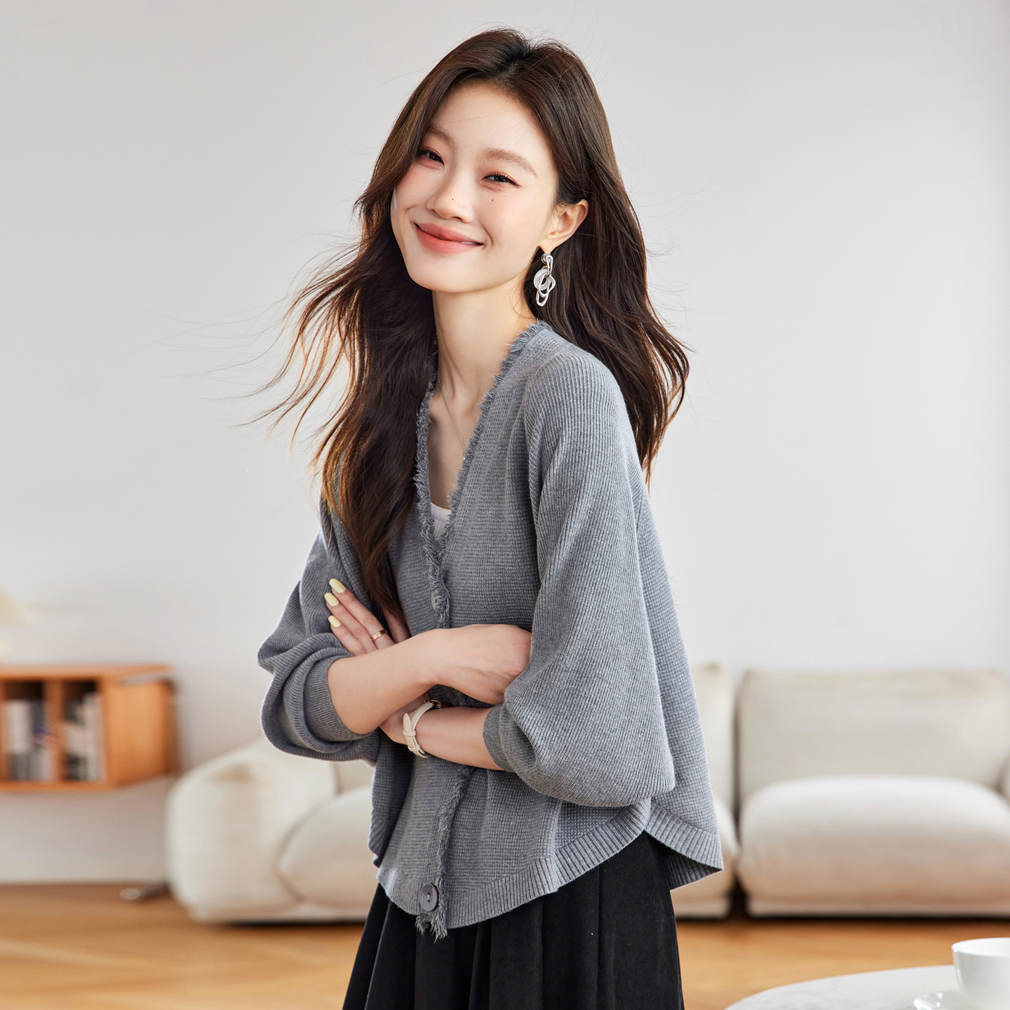 蝙蝠袖针织开衫女2025春秋新款宽松大码短流苏毛衣外套小个子上衣