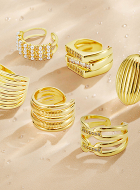 英伦复古爆款几何镶钻宽面大气戒指女铜镀金贝珠开口指环多珠珍珠