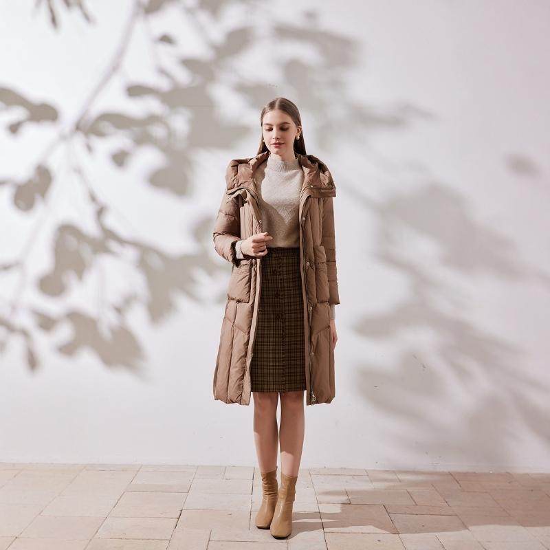 天轩商场同款冬女长款连帽羽绒服白鹅绒过膝保暖简约大气TIDY256