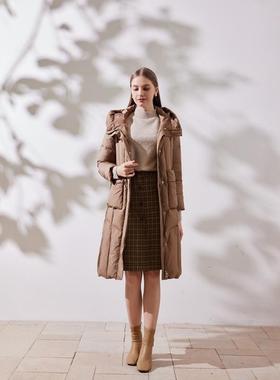 天轩商场同款冬女长款连帽羽绒服白鹅绒过膝保暖简约大气TIDY256