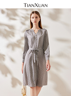 天轩商场同款2024春秋新款长袖连衣裙高级感雅致小V领设计TIQD198