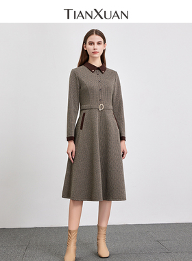 天轩商场同款春秋女新款长袖连衣裙时尚英伦格纹通勤显瘦THDD237
