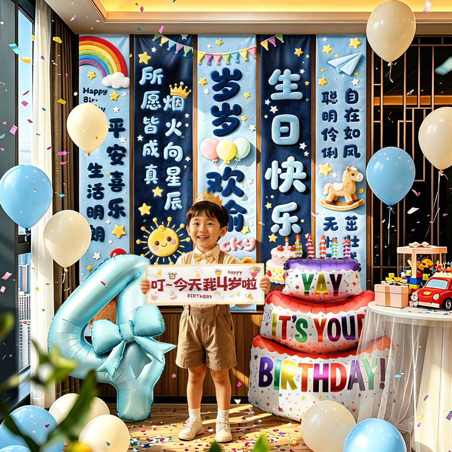 酒店生日快乐布置场景装饰数字卡通气球儿童派对拍照道具条幅挂布