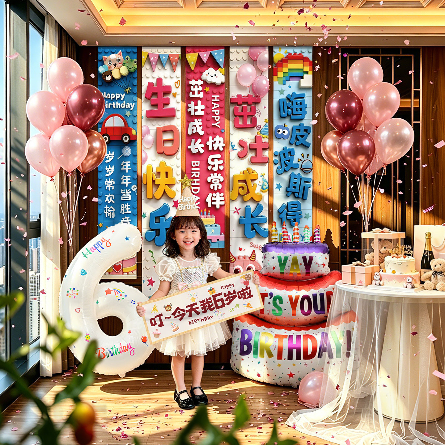 酒店6岁生日快乐布置场景装饰气球男女孩儿童派对氛围感拍照道具