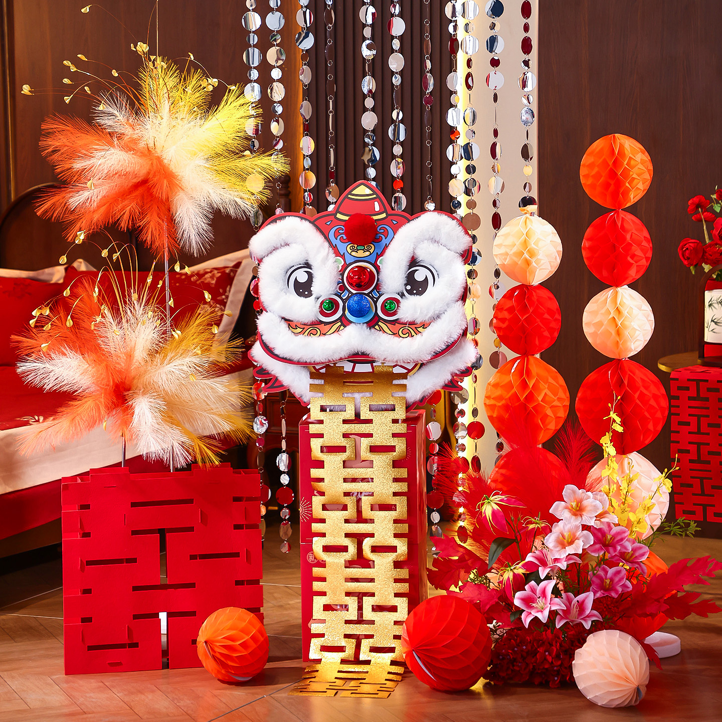 結婚裝飾醒獅婚房布置獅子頭擺件