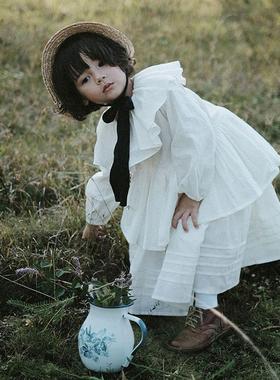 thetree树 日系亚麻裙套装复古森系女童花边双层领褶皱衬衫半裙秋