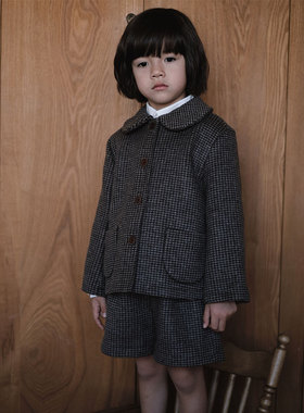 the tree 树 法国经典款羊毛呢套装冬儿童千鸟格外套短裤两件套