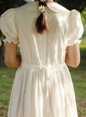 the tree 树 日系亲子款白色连衣裙复古森系纯棉娃娃领泡泡袖长裙