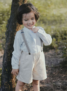 the tree 树 法式复古条纹衬衫儿童纯棉宽松立领长袖上衣+短裤秋