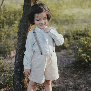 the tree 树 法式复古条纹衬衫儿童纯棉宽松立领长袖上衣+短裤秋