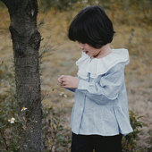 tree树 日系森系裙套装 女童亚麻条纹复古双层领褶皱长袖 the 秋季