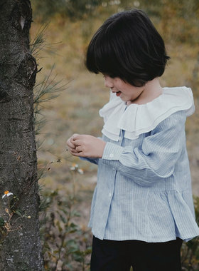 the tree树 日系森系裙套装女童亚麻条纹复古双层领褶皱长袖秋季
