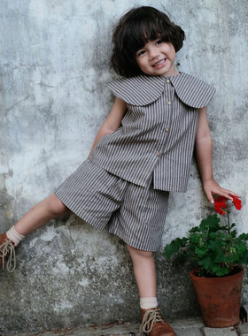 the tree 树 日系小众套装夏儿童男女童亚麻条纹娃娃领上衣+短裤