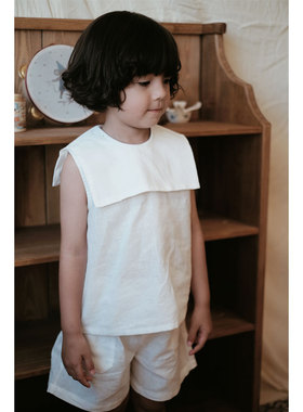 the tree 树 法式小众风格白色亚麻套装儿童夏复古方领衬衫两件套