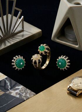 中古宫廷气质戒指耳钉套装时尚轻奢个性绿色文艺复古南瓜饰品首饰