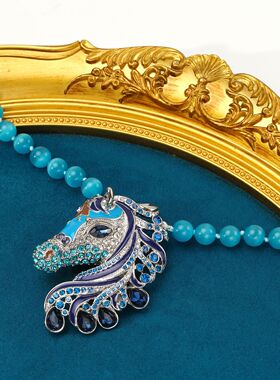 中古项链马头造型本命年马年小众设计蓝色精致锁骨链轻奢感毛衣链