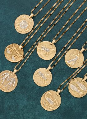时尚百搭简约通勤项链女镶钻十二星座金币系列镀金文艺复古锁骨链