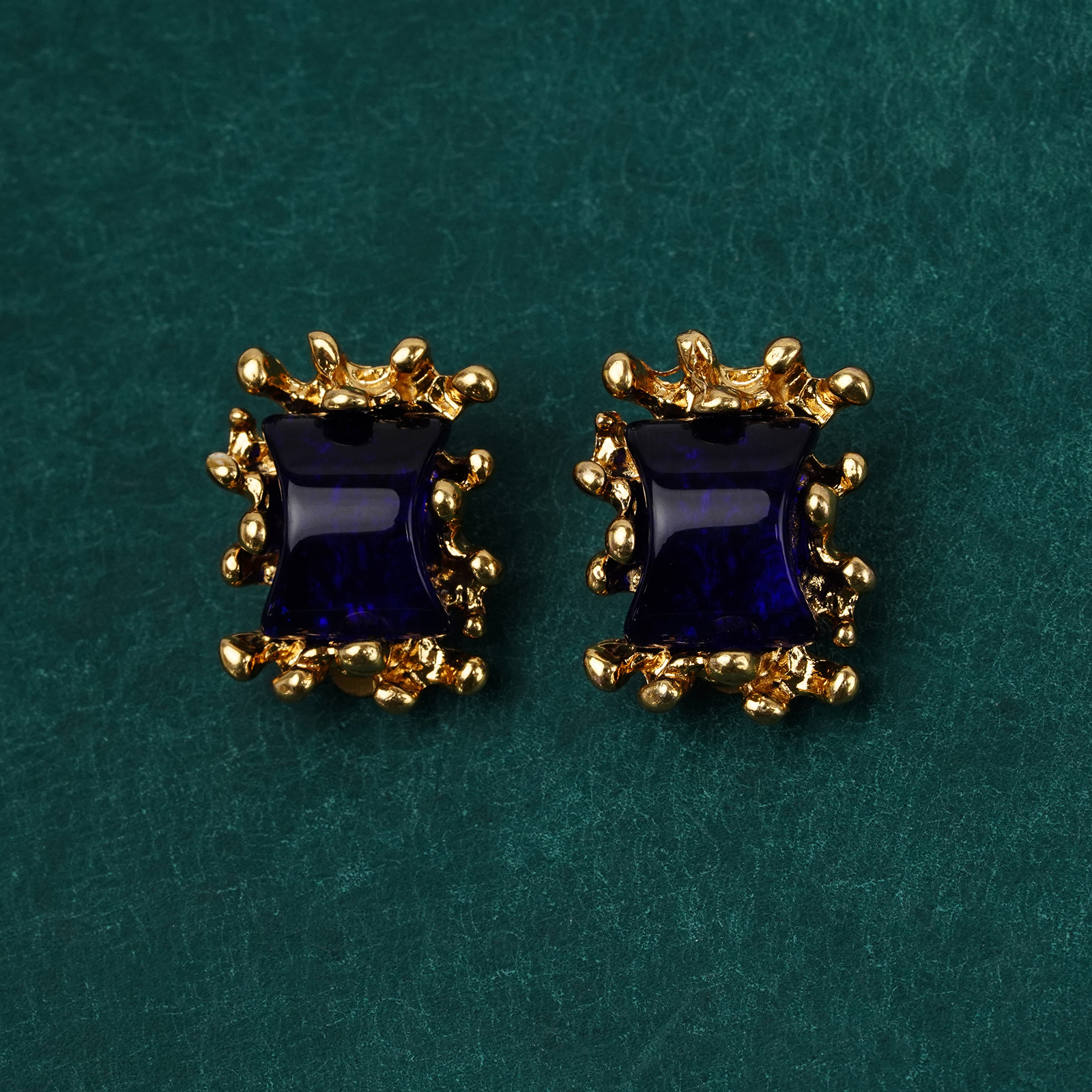 法式复古黄铜电镀真金方形蓝色耳钉女士耳环时尚中古vintage耳饰