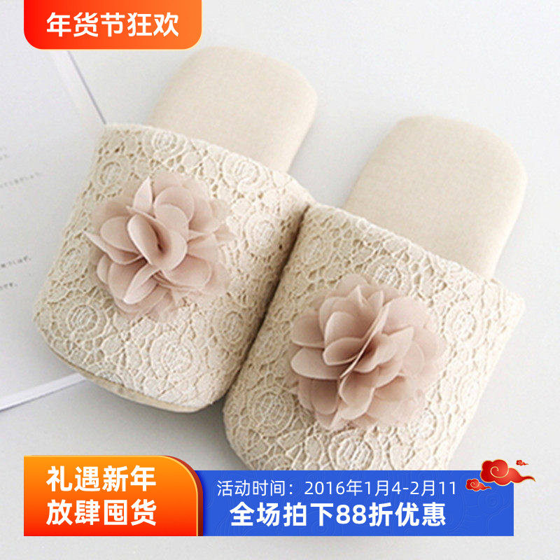 韩国进口居家鞋月子鞋防滑布艺底静音地板鞋公主蕾丝棉拖鞋四季女