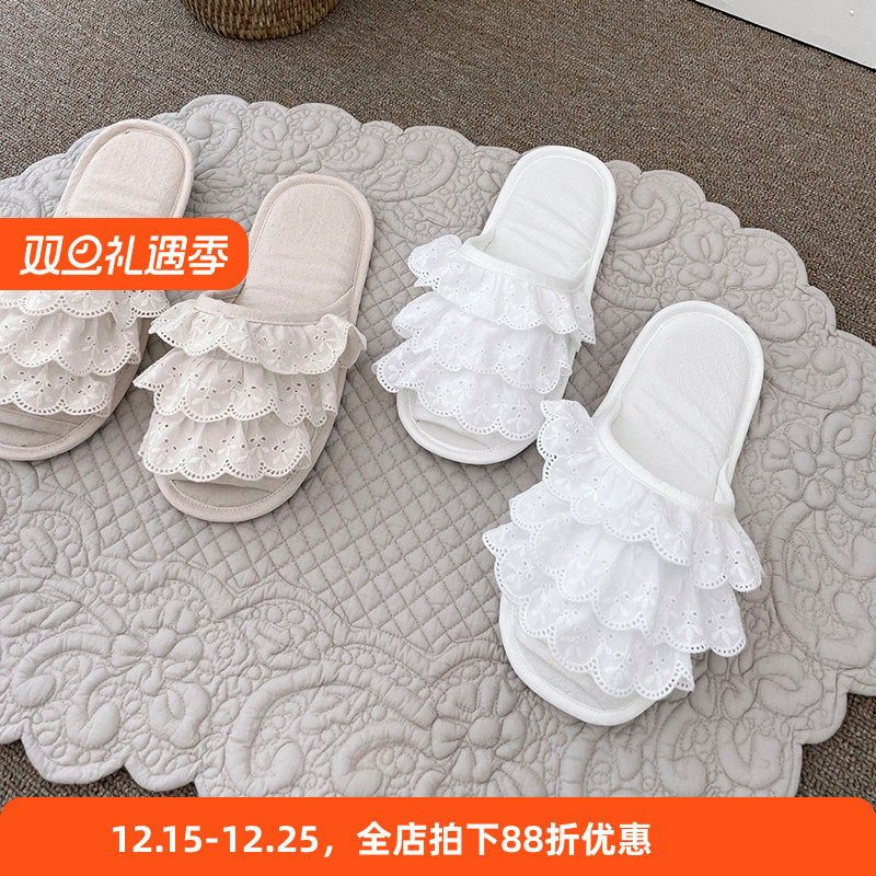 韩国居家鞋防滑静音软底韩版露趾全棉布艺蕾丝荷叶边地板亚麻拖鞋