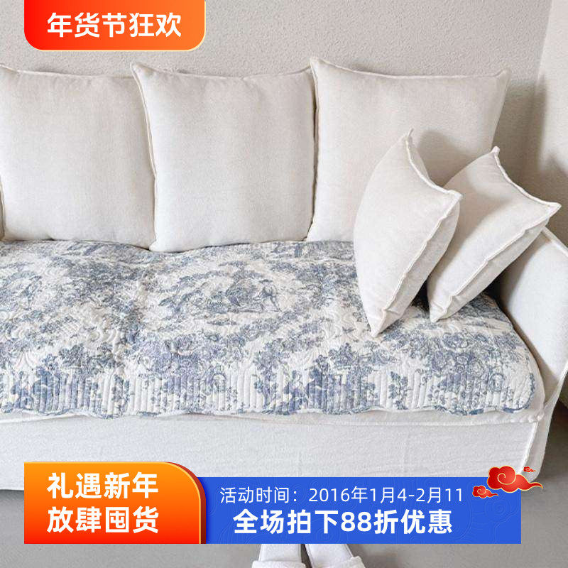 韩国进口沙发垫新款四季通用防滑夹棉绗缝舒适复古水墨坐垫子蓝色