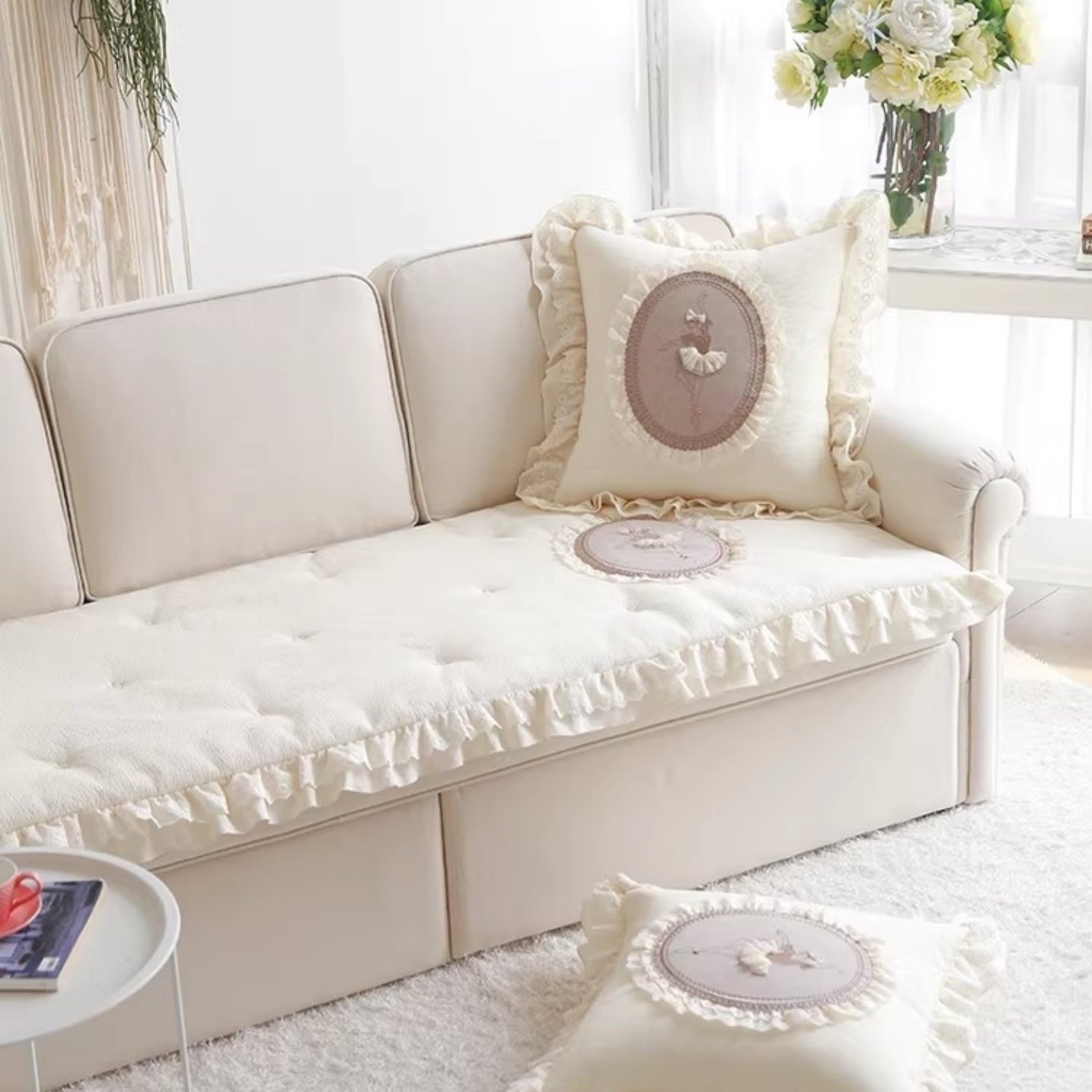 韩国沙发垫冬季加厚防滑绗缝纯棉荷叶边组合沙发坐垫套毛绒贵妃椅