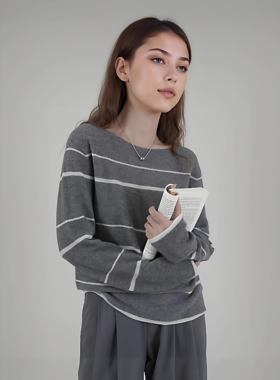 慵懒风羊绒桑蚕丝老钱风高级感针织衫圆领秋冬气质长袖条纹灰色