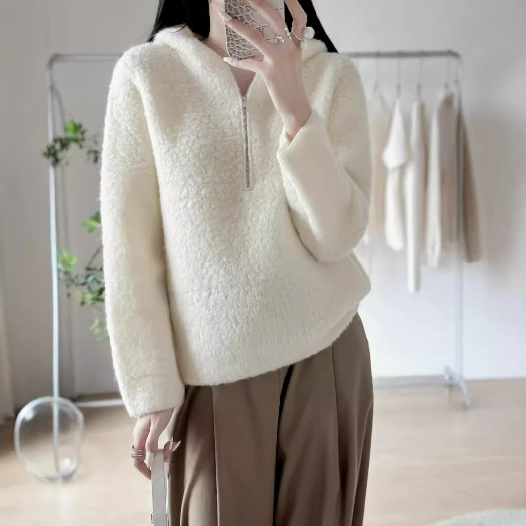 重磅欧货冬款纯羊毛针织衫连帽卫衣女宽松加厚羊羔毛半拉链慵懒风