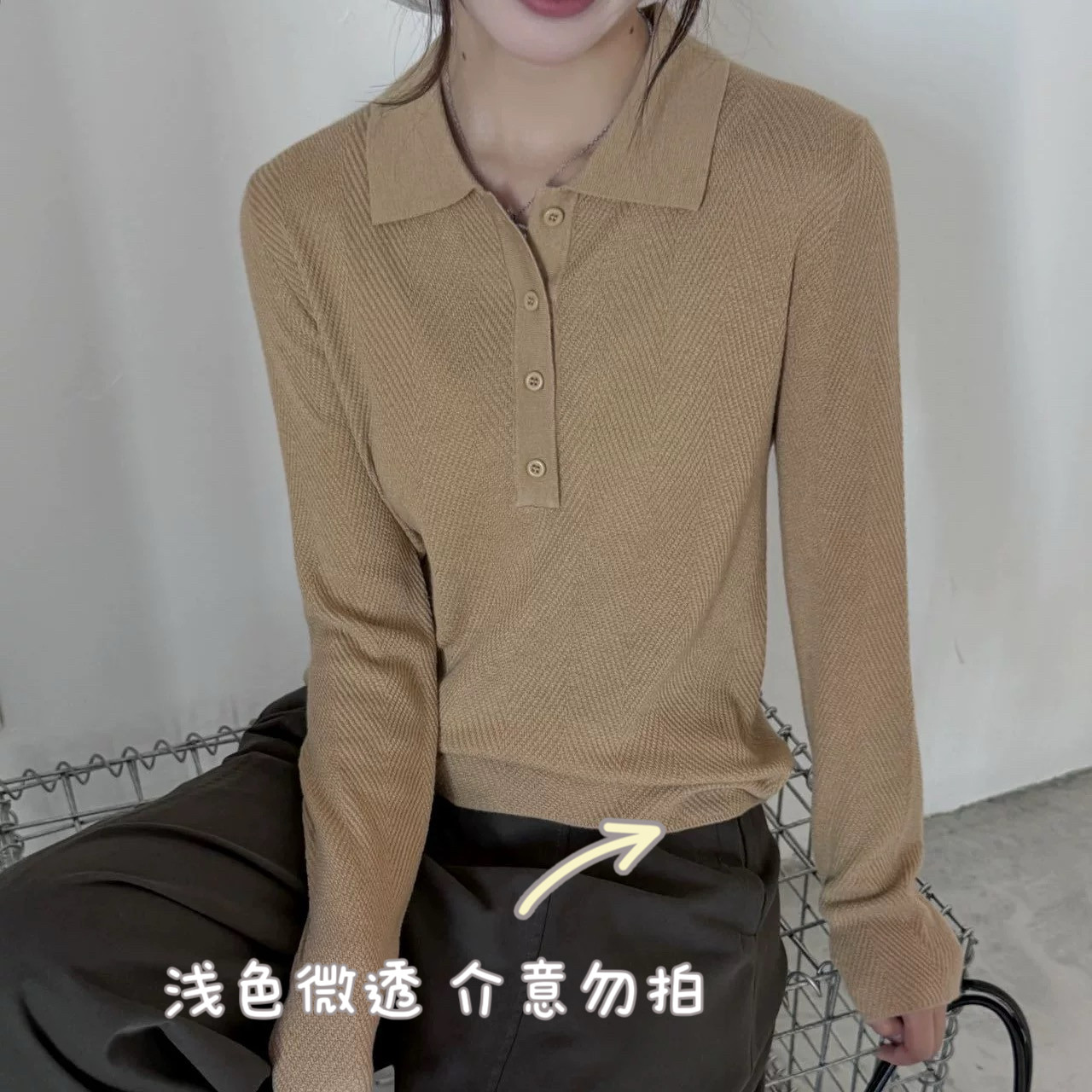 桑蚕丝长袖韩系打底POLO翻领48支针织羊毛衫女鱼骨纹修身老钱风