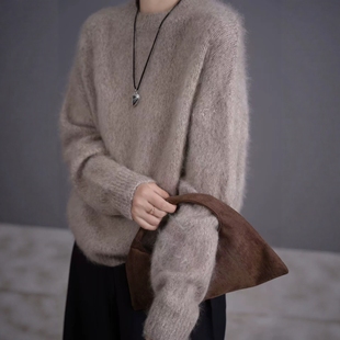 重磅100羊毛拉毛加厚羊毛衫女秋冬花纱慵懒风针织毛衣V领显瘦灰色