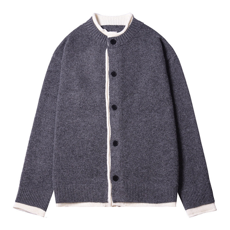 原创秋冬加厚羊毛针织开衫男士假俩件圆领慵懒活力风毛衣外套宽松