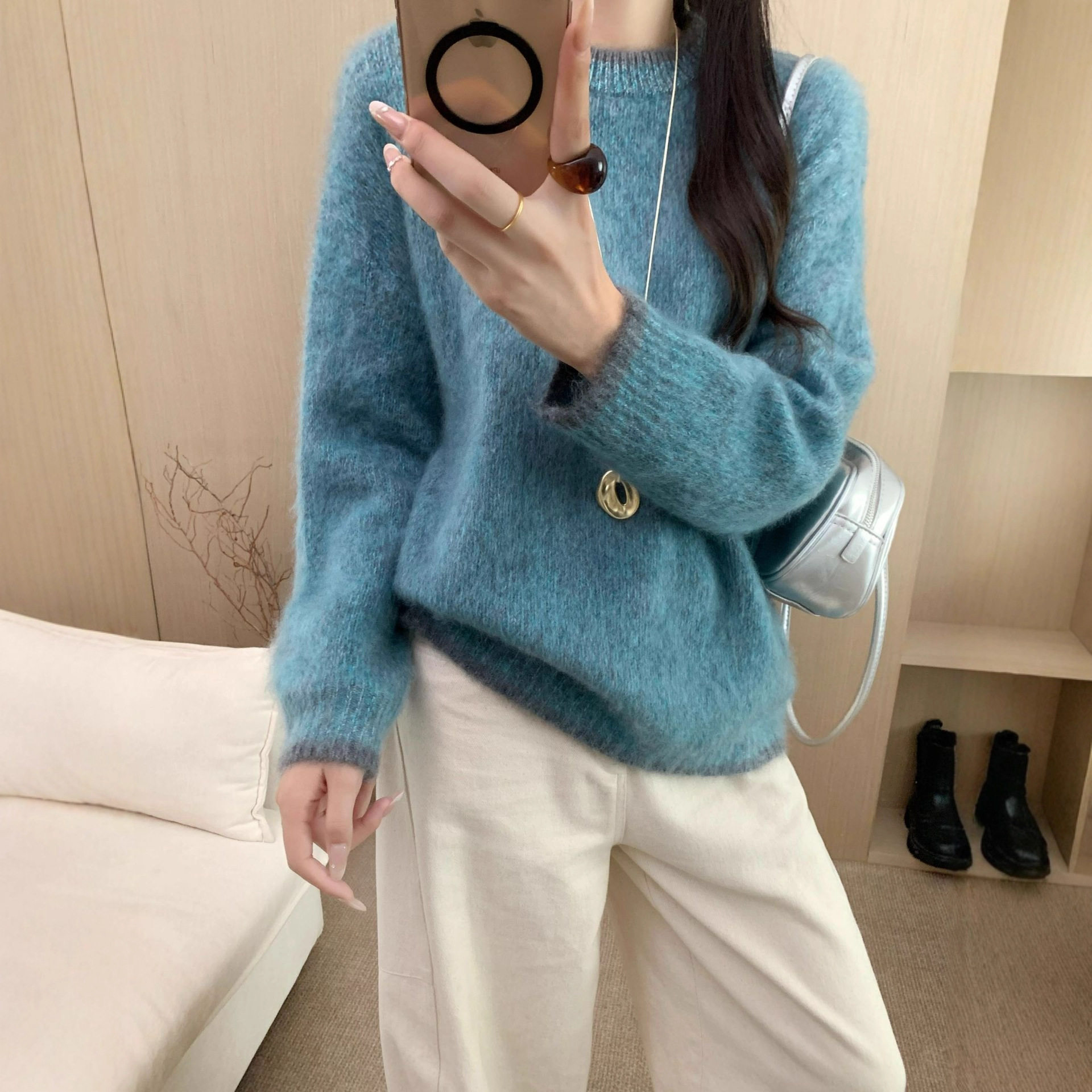 原创花式羊绒羊毛衫圆领针织女宽松撞色慵懒风拉毛高级感毛衣加厚