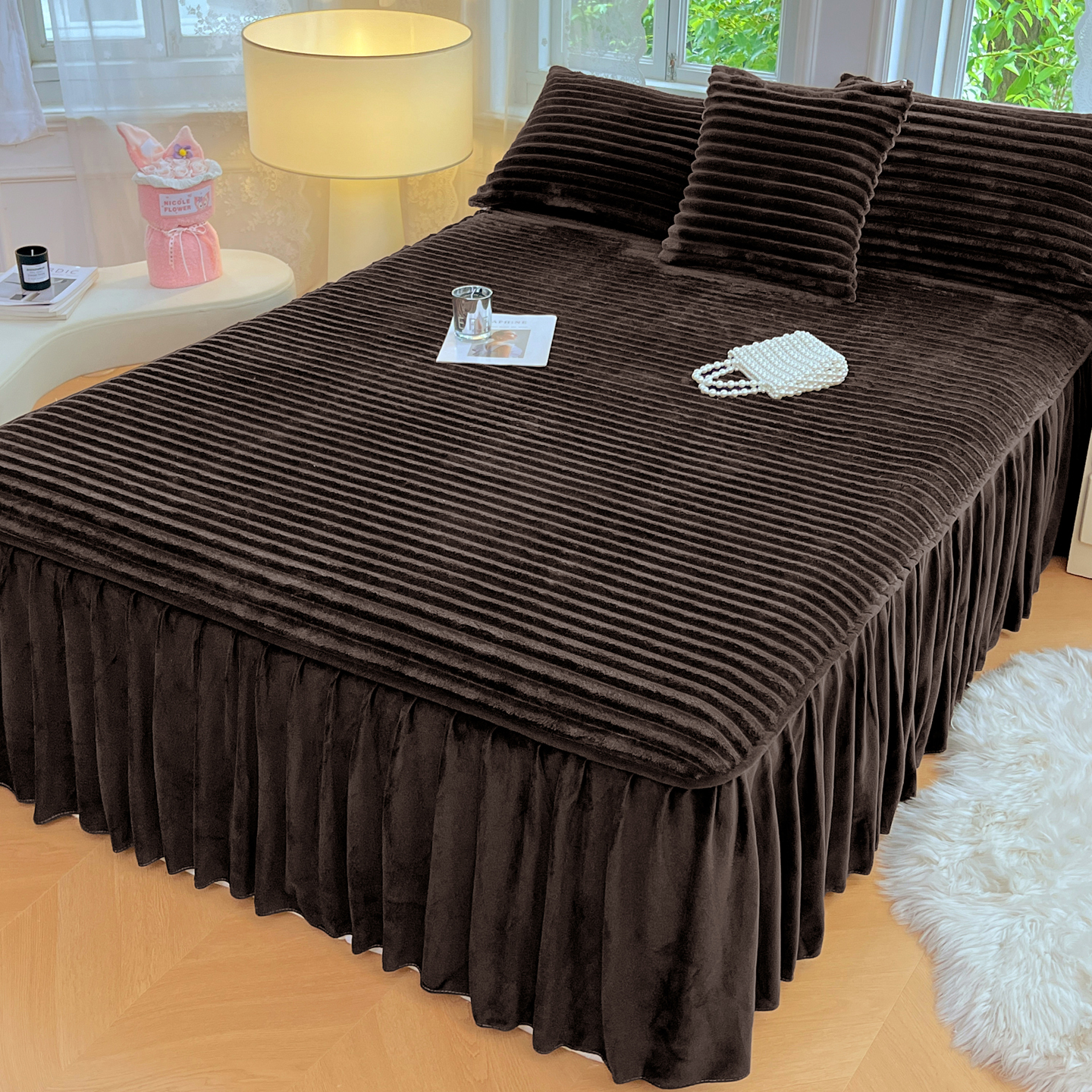 秋冬加绒纯色A类法莱绒床裙式床罩单件加厚保暖床单1.8x2.0床围群