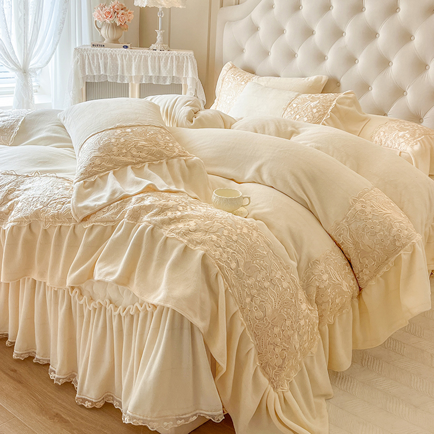 冬天加厚牛奶绒被套单件加枕套高级感蕾丝花边公主风双面加绒保暖