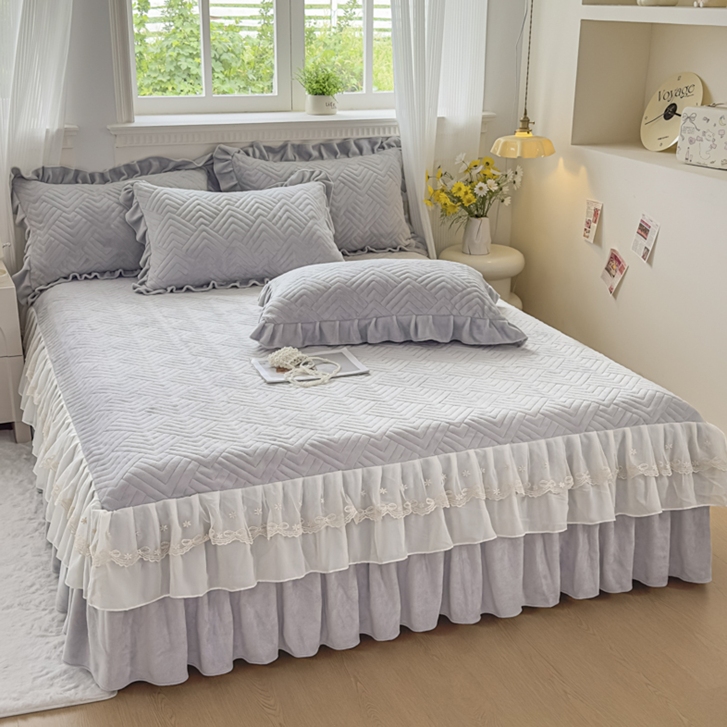 2025秋冬高克重加厚牛奶绒床裙式床罩单件公主风荷叶花边床围床套