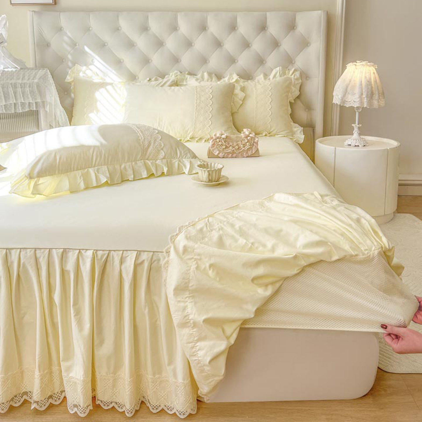 全棉高端60贡缎长绒棉床笠式床裙二合一体公主风荷叶花边床罩床套