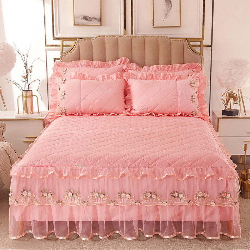公主风纯棉夹棉加厚床裙式三四件套1.5m1.8米全棉床罩蕾丝边床套