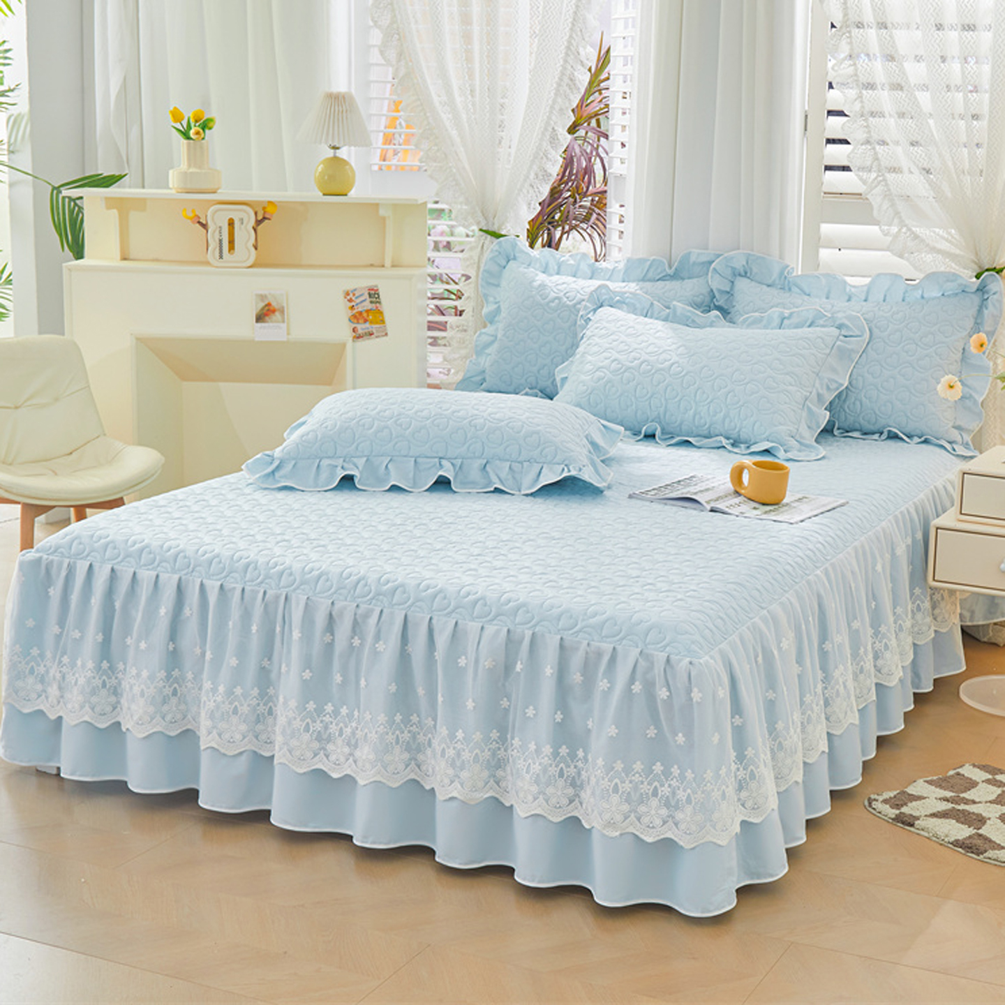全棉夹棉床笠式床裙二合一体单件床罩公主风花边纯棉床单防滑四季