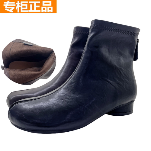 红蜻蜓冬圆头短筒靴瘦瘦靴子软面