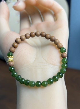 新疆直发正品和田玉碧玉手链天然玉石手串单圈配老山檀珠子带证书