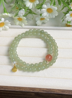 新疆直发正品和田玉晴水手链天然玉石老料两圈手串6mm带证书