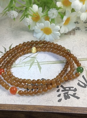 新疆直发正品且末糖玉三圈手链天然玉石手串红糖小米珠4mm带证书