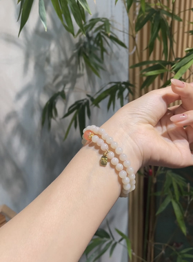 新疆直发包邮天然和田玉藕粉手链女款圆珠两圈手串6带证书