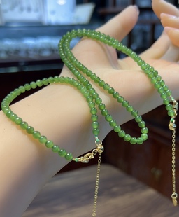 新疆直发正品和田玉碧玉项链手链两件套小米珠4mm天然玉石带证书