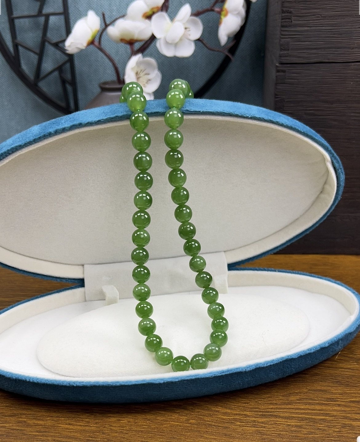 新疆直发正品和田玉碧玉项链天然玉石圆珠10mm果绿妈妈链带证书